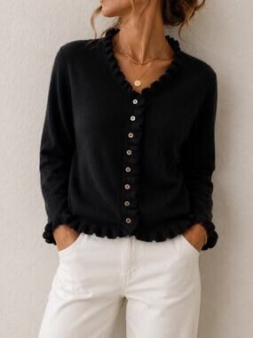PURE COLLECTION 100% Cashmere Black Ruffle Cardigan Sweater Quiet Luxury Size 14